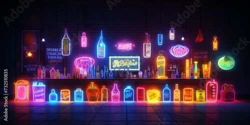 a bar with many bottles and neon lights