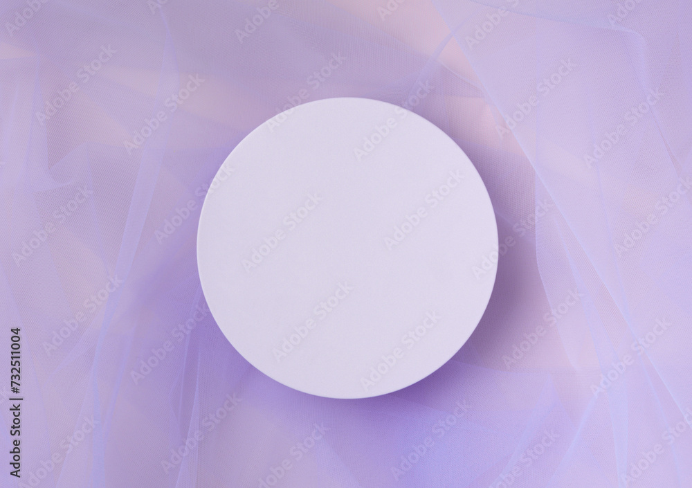 Obraz premium White round podium pedestal cosmetic beauty product presentation empty mockup on purple tulle