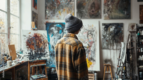 Artist Contemplating Artwork in Studio.