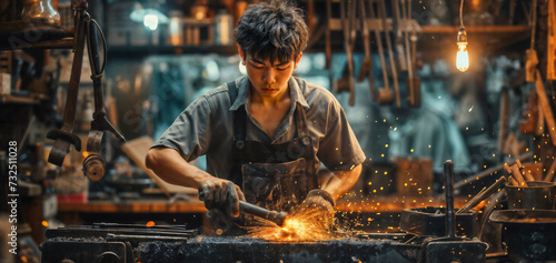 Craftsman Forging Metal in Traditional Workshop. Generative AI