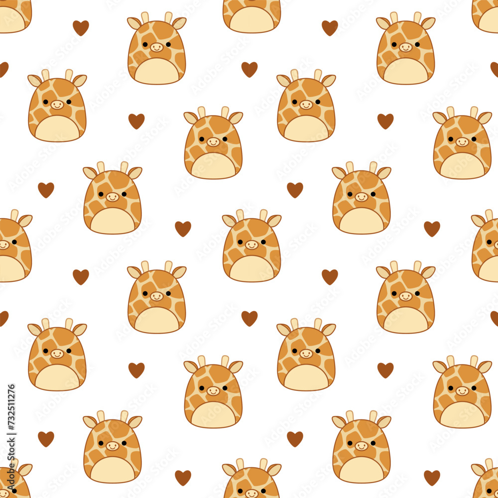 Cute giraffes and hearts on seamless pattern. Squishmallow. Background with giraffe. Kawaii, vector Cute giraffes and hearts on seamless pattern. Squishmallow. Background with giraffe. Kawaii, vector