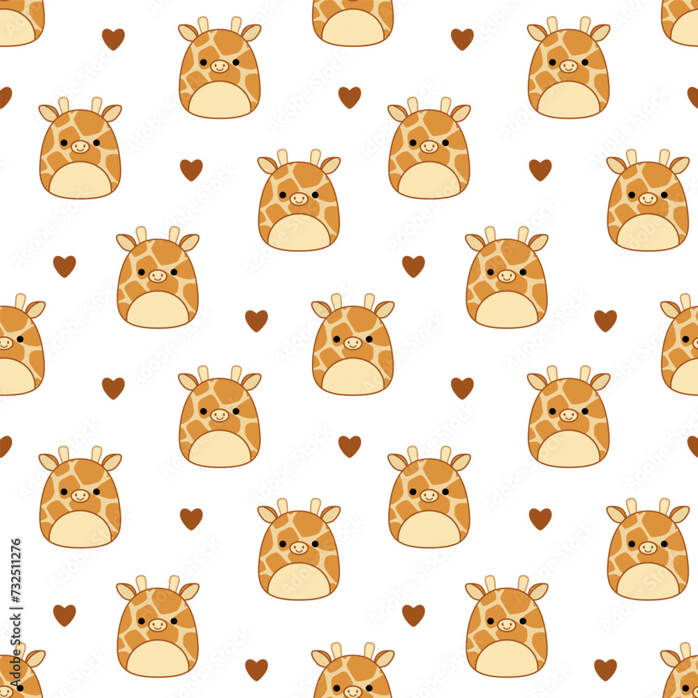 Cute giraffes and hearts on seamless pattern. Squishmallow. Background with giraffe. Kawaii, vector