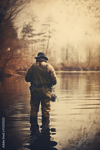 Retro vintage photo of man fishing on a lake