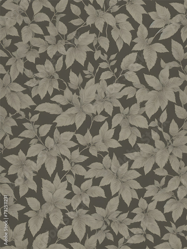 Seamless pattern of grey leaves on a black background. The black background provides a stark contrast to the grey leaf