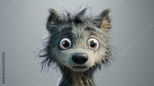 AI portrait of a funny, cute, big-eyed, shaggy wolf