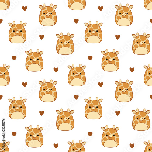 Cute giraffes and hearts on seamless pattern. Squishmallow. Background with giraffe. Kawaii, vector