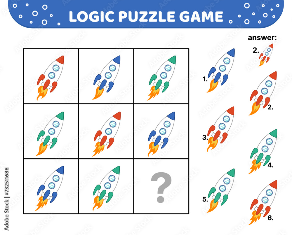 Logic puzzle game. Space rocket. For kids. Cartoon