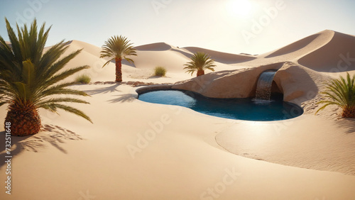 an oasis pool in the middle of a desert with palm trees