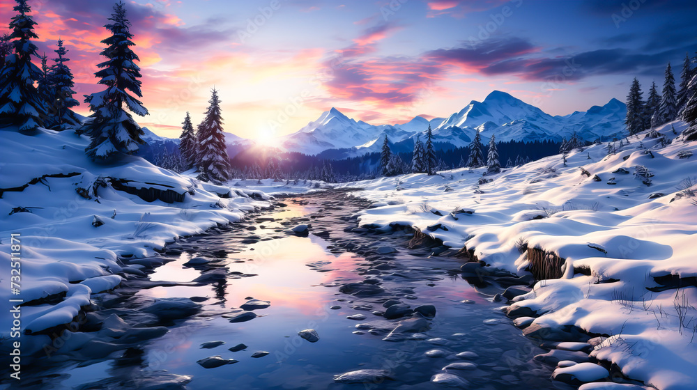 Fantastic winter landscape with snow covered trees. Colorful sunset over mountain river. Generative AI technology.
