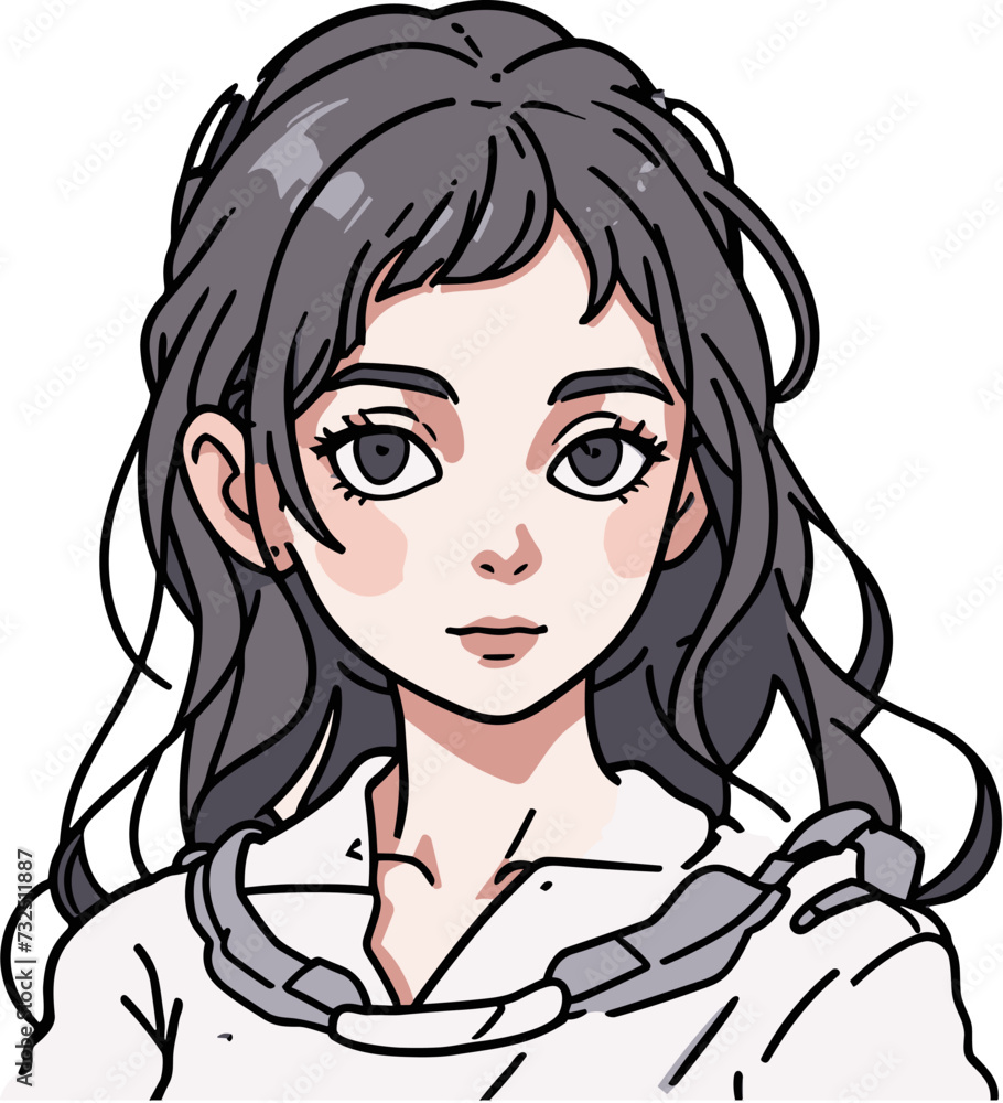 Vector of a young female anime character with dark hair against a white background Vector of a young female anime character with dark hair against a white background