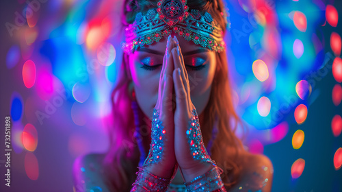 Dancer in Bellydance Dress with glitter. Blue and Pink. Praying concentrating.