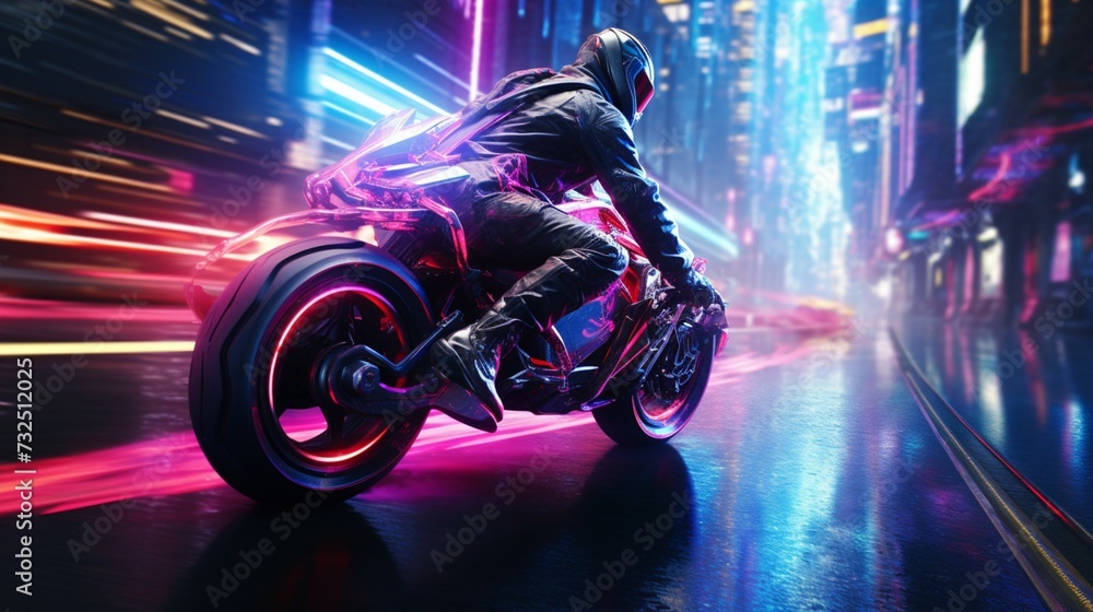 In a futuristic cyberpunk cityscape, a high-performance racing bicycle zips through the neon-lit streets, mastering every twist and turn.