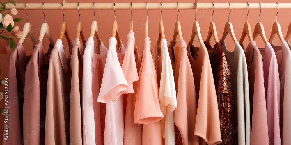 Summer wardrobe, dresses and shirts on hangers. Fashion concept in peach color 2024. Summer wardrobe, dresses and shirts on hangers. Fashion concept in peach color 2024.