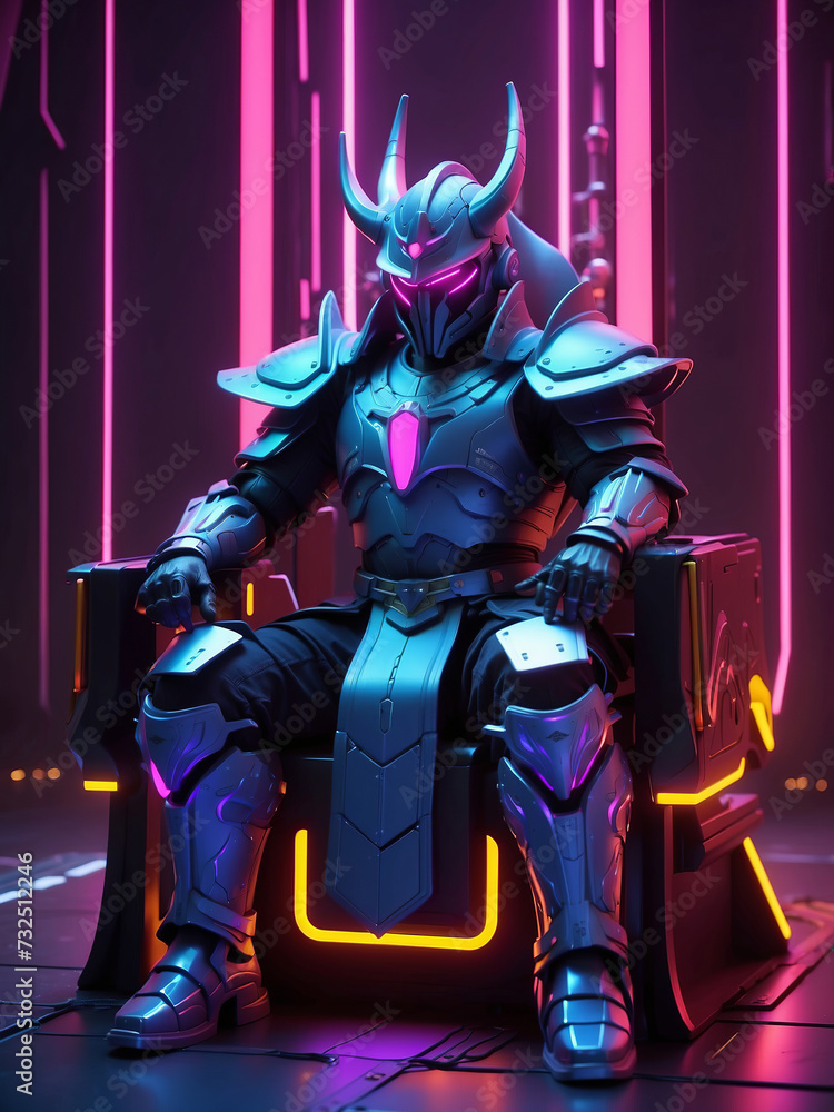 A futuristic armored warrior with glowing elements, seated on a throne surrounded by neon lights A futuristic armored warrior with glowing elements, seated on a throne surrounded by neon lights