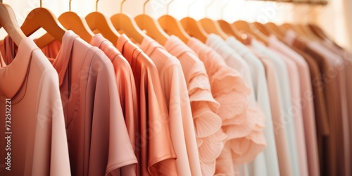 Clothes in the closet on hangers close-up. Fashion concept in peach color 2024. Generative AI