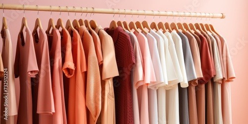 Summer wardrobe, dresses and shirts on hangers. Fashion concept in peach color 2024. Generative AI