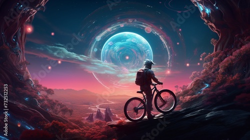 In a surreal, landscape, the racing bicycle takes on a challenging course filled with holographic obstacles, showcasing its ability to navigate intricate digital terrains with finesse.
