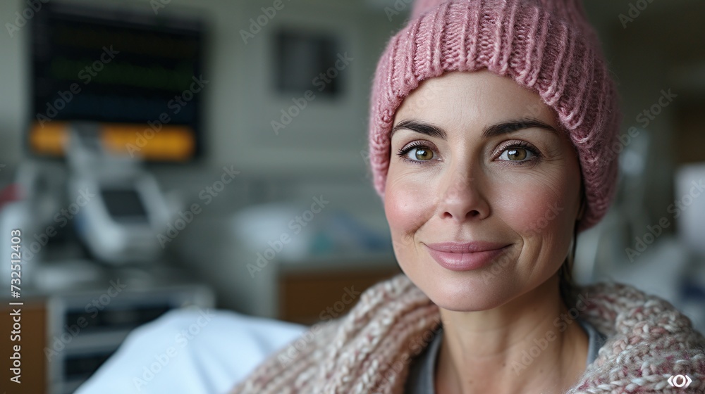 Pink Beanie Season: A Woman's Smile in a Hospital Bed Generative AI Pink Beanie Season: A Woman's Smile in a Hospital Bed Generative AI