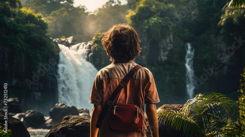 Caucasian boy standing on a rock watching the water fall from the waterfall in the lush forest photo