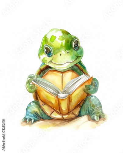 Watercolor illustration of a cute baby turtle reading a book on white background.