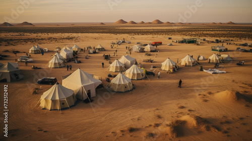 Aerial view of typical desert camp conducts desert safari tours