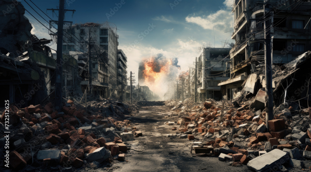 City buildings destructed by earthquake strike. Disaster scene full of debris, dust and crashed buildings City buildings destructed by earthquake strike. Disaster scene full of debris, dust and crashed buildings