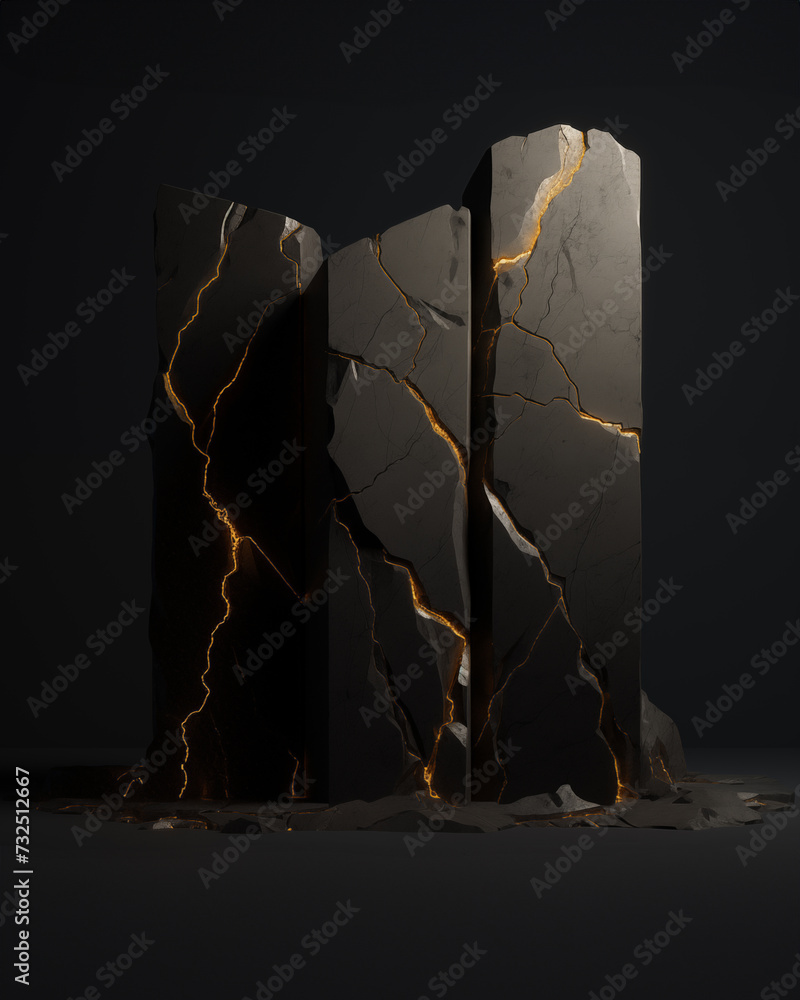 Podium of black slate rocks with gold streaks Podium of black slate rocks with gold streaks