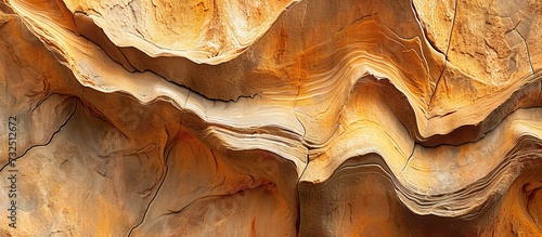 A stunning close-up of a natural formation in wood showcasing a mesmerizing swirl, resembling the colors of amber and peach rock art in the natural landscape. photo