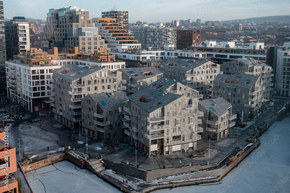 Gray modern building. Scandinavian style. Modern city. Residential complex