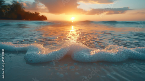 Beach Bliss: A tranquil scene of a heart drawn on the sandy shore, surrounded by the breathtaking beauty of a tropical sunset over the sea, with waves gently lapping the coast under a colorful sky