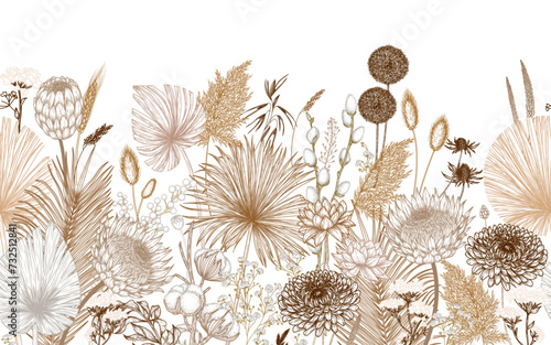 Horizontal vector seamless pattern of dried flowers in beige tones in engraving style