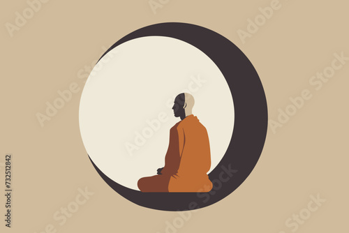 Vesak Day and Buddhism concept. Buddhist monk in traditional orange robe sitting and meditating by full moon. Sphere as zen state, enlightenment or nirvana symbol. Vector illustration in flat design.
