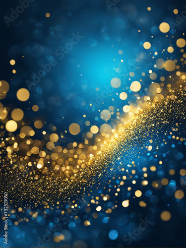 Abstract gold and blue glitter bokeh on blue background. Festive background.