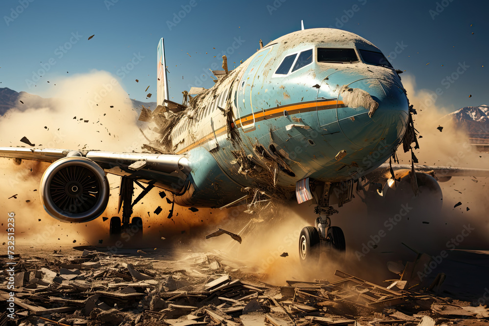 Cataclysmic Plane Crash Landing in a Desert Wasteland. Once mighty airliner in throes of devastating crash, its fuselage crumbling as it plows through barren desert terrain under cloudless sky Cataclysmic Plane Crash Landing in a Desert Wasteland. Once mighty airliner in throes of devastating crash, its fuselage crumbling as it plows through barren desert terrain under cloudless sky