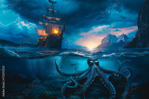 sailing ship in the sea with giant octopus under the sea