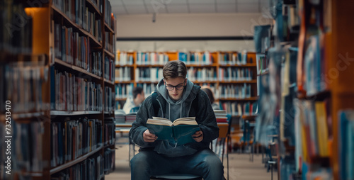 person in library, a focus and determination of a student studying in a modern library, surrounded by books and digital resources 