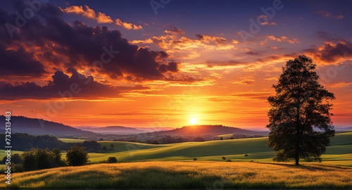 Sunset in Tuscany  Italy. Rural landscape at springtime.