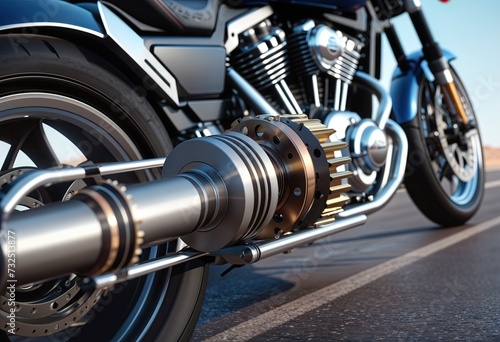 motorcycle is shown from the close-up view of its gear and engine. The background blurs