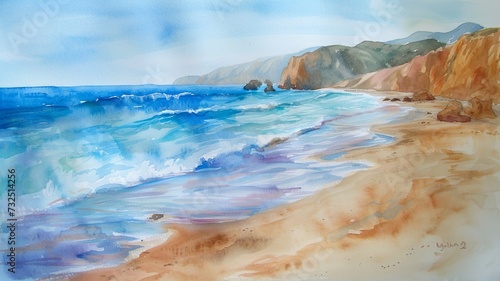 watercolor painting, beach picture created by artificial intelligence