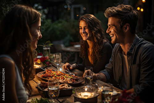 Diverse group of people engaged in lively conversation and indulging in a delectable assortment of food and drinks spread upon an enchanting table