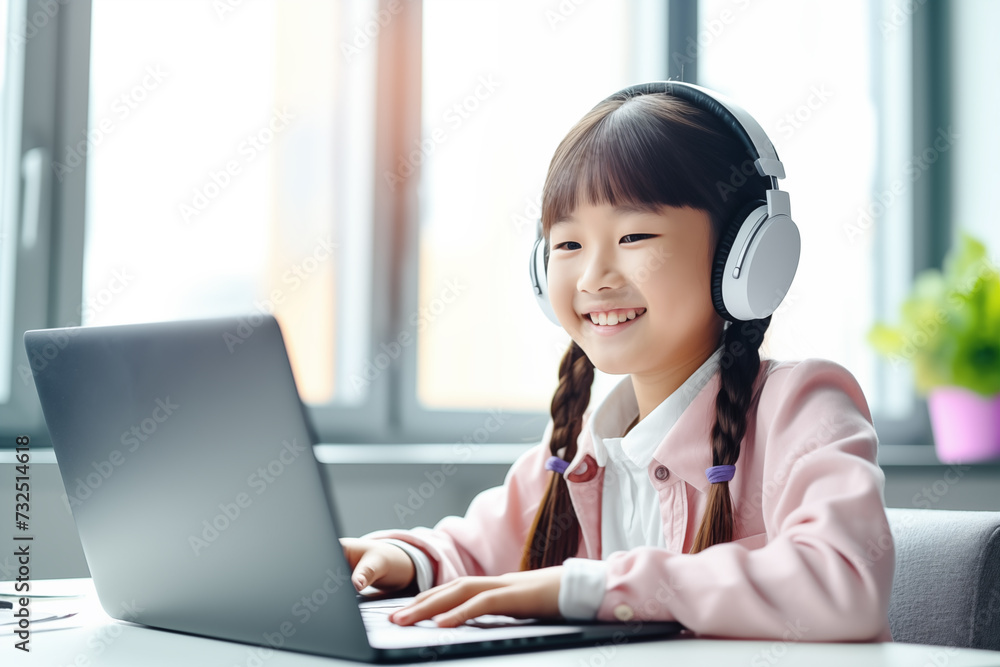 Happy asian schoolgirl studying online using laptop wearing headphones, sitting at desk. Web-based Education, E-Learning. Generative AI Happy asian schoolgirl studying online using laptop wearing headphones, sitting at desk. Web-based Education, E-Learning. Generative AI