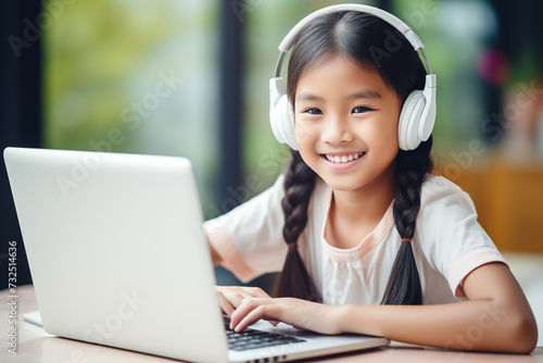 Happy asian schoolgirl studying online using laptop wearing headphones, sitting at desk. Web-based Education, E-Learning. Generative AI