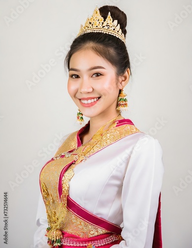 Portrait asian pretty woman posing with smiling in Thai dress costume, Welcome expression Sawasdee,  Asian women showing a warm friendly welcome, white background