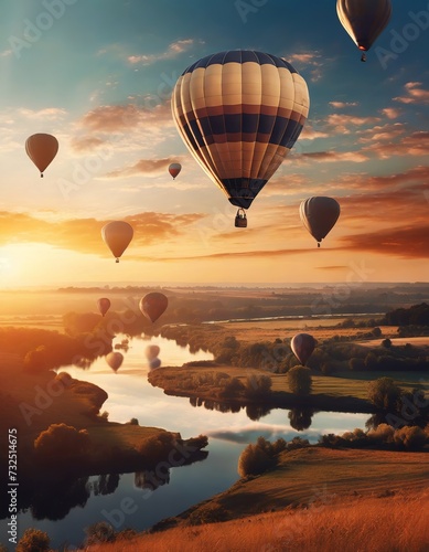Colorful hot air balloons flying over misty morning sunrise, Sunrise Mountain View of mountains and lake has a floating balloon in the sky