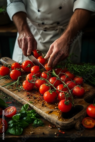 Chef Expertly Slicing Tomatoes on Wooden Board, Surrounded by Fresh Vegetables on Countertop