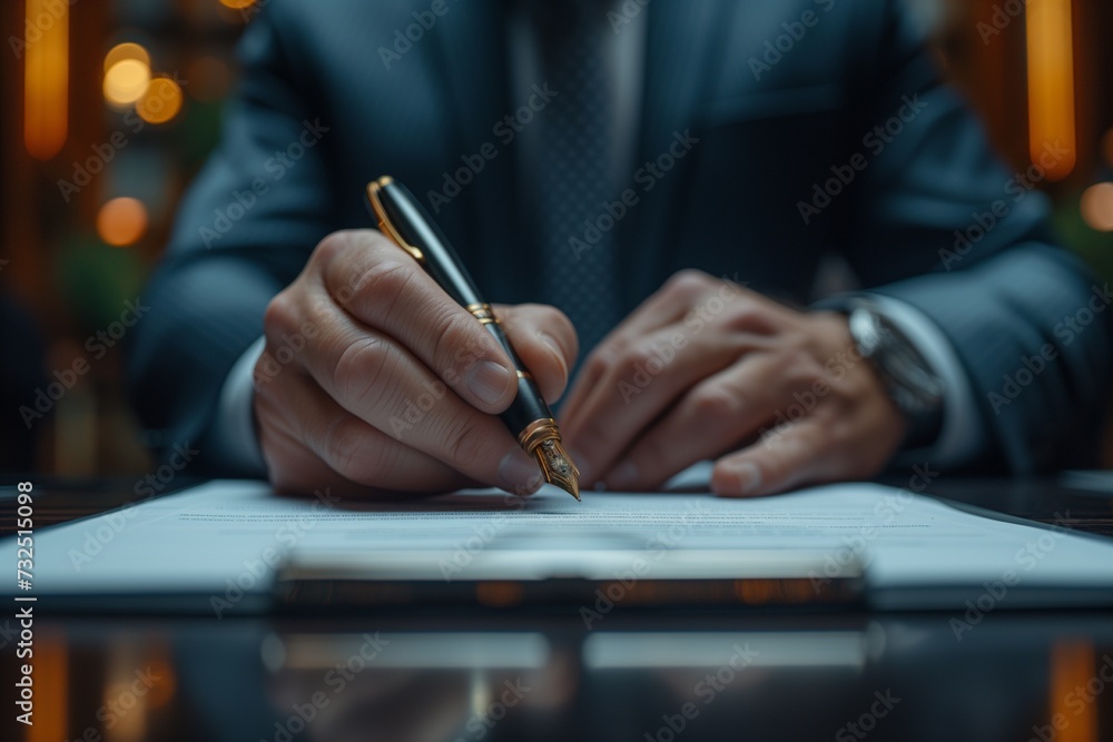 Businessman Uses Elegant Pen to Sign Contract in Sleek Modern Office Businessman Uses Elegant Pen to Sign Contract in Sleek Modern Office