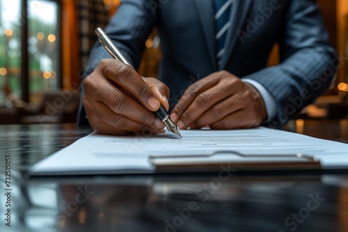 Businessman Uses Elegant Pen to Sign Contract in Sleek Modern Office © yevgeniya131988