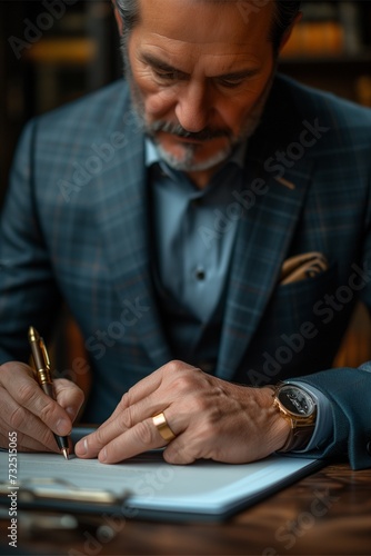 Businessman Uses Elegant Pen to Sign Contract in Sleek Modern Office © yevgeniya131988