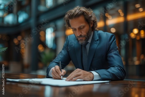Businessman Uses Elegant Pen to Sign Contract in Sleek Modern Office