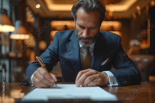 Businessman Uses Elegant Pen to Sign Contract in Sleek Modern Office